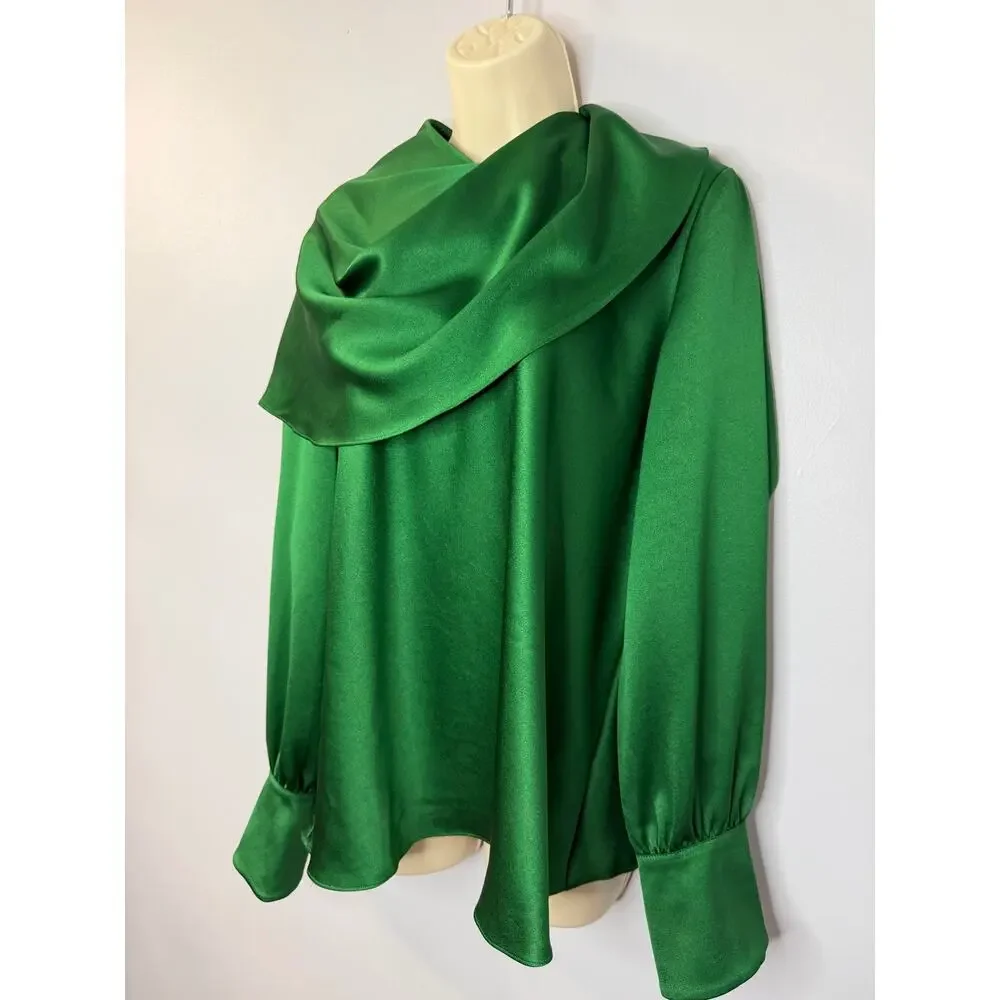 The Fold Ocana Satin Long Sleeve Blouse Deep Emerald Women's 14 New Elegant - Picture 5 of 13
